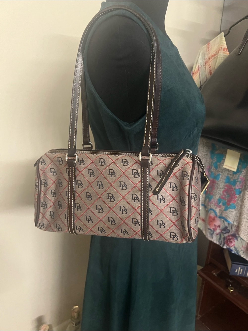 Dooney & Bourke Vintage Beige and Brown Monogram Barrel Shoulder Bag